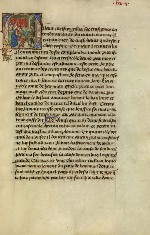 Initial Q: Gillion Reacting to the News of Death of His Wife and Progeny; Lieven van Lathem, Flemish, about 1430 - 1493, David