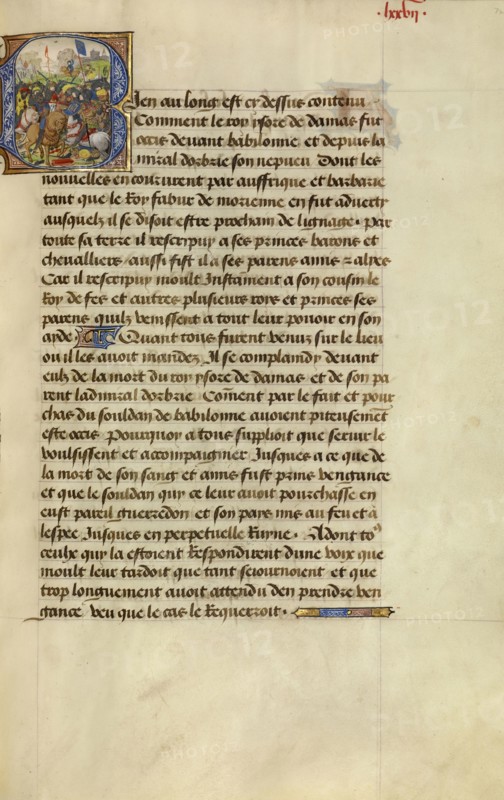 Initial B: Gillion Defeating the Emir of Tripoli; Lieven van Lathem, Flemish, about 1430 - 1493, David Aubert Flemish, active