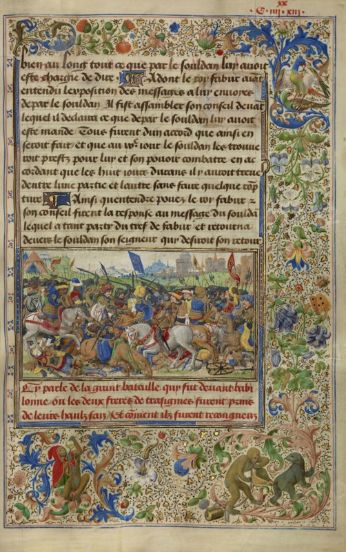 Gillion Defeating King Fabur during the Siege of Cairo; Lieven van Lathem, Flemish, about 1430 - 1493, David Aubert Flemish
