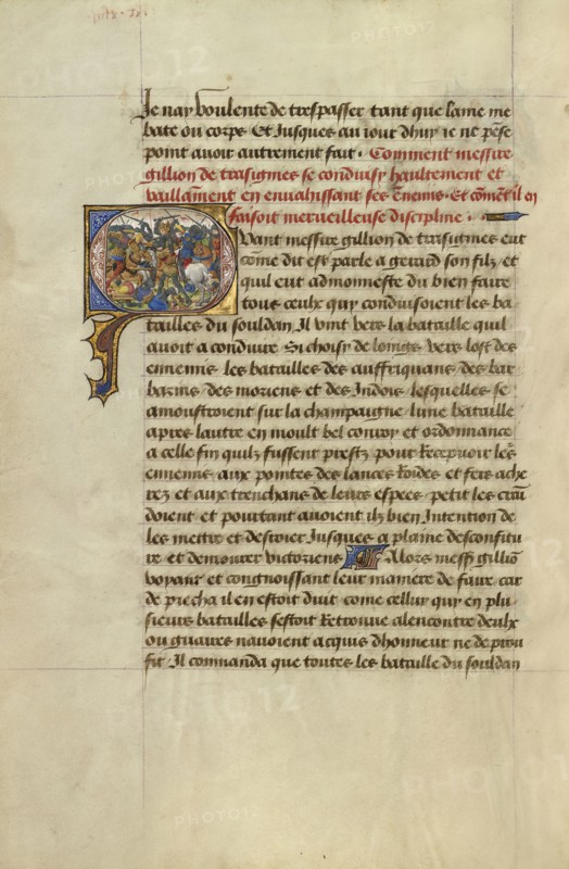Initial Q: Gillion Defeating the King of Gibraltar; Lieven van Lathem, Flemish, about 1430 - 1493, David Aubert Flemish