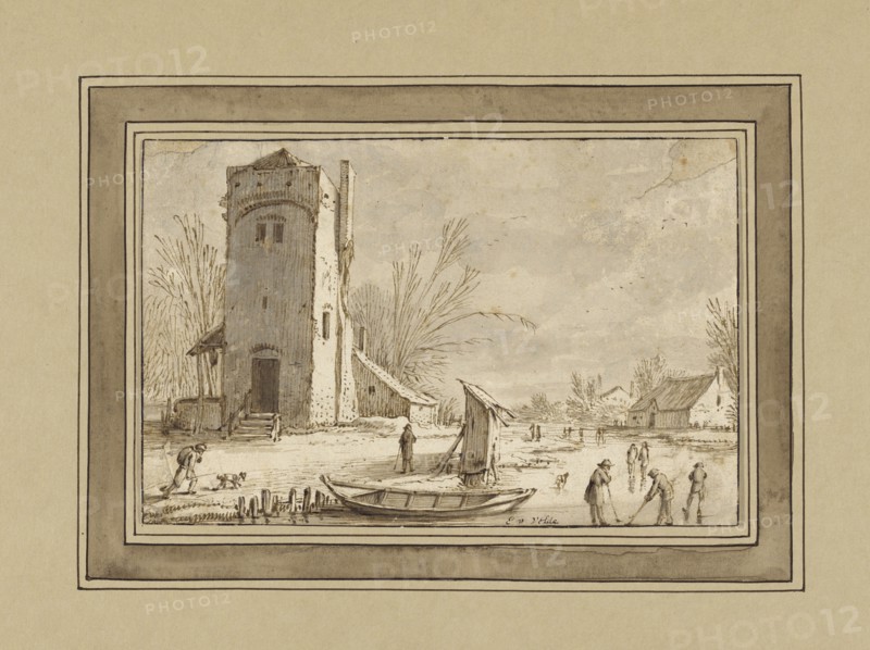Winter Landscape with Tower; Esaias van de Velde, Dutch, 1587 - 1630, Holland, Europe; about 1613 - 1614; Pen and brown ink