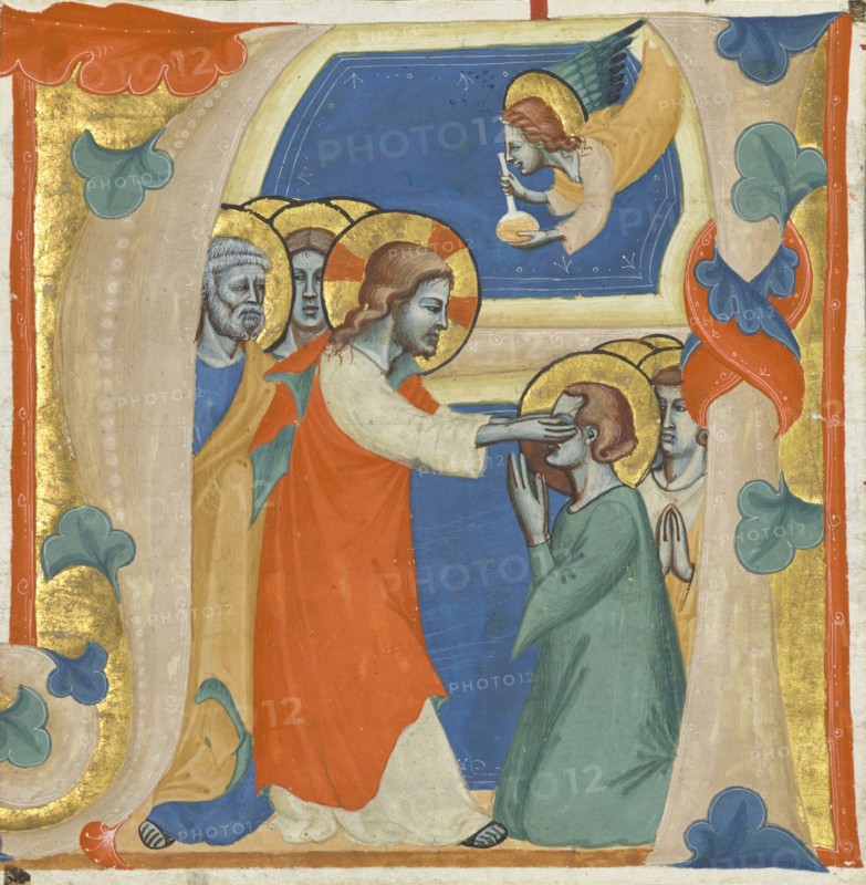Initial A: Christ Wiping the Tears from the Eyes of the Saved; Attributed to the Master of the Antiphonary of San Giovanni