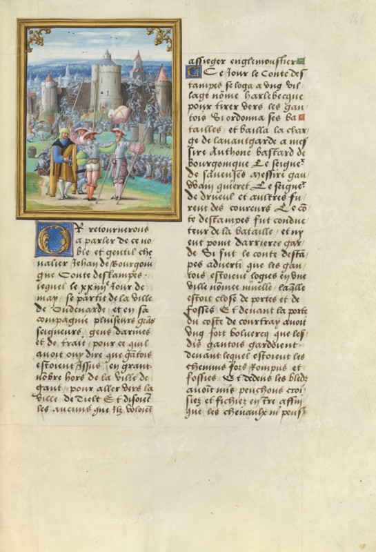 The Taking of Nevele; Master of the Getty Lalaing, Flemish, active about 1530, Belgium; about 1530; Tempera colors, gold leaf