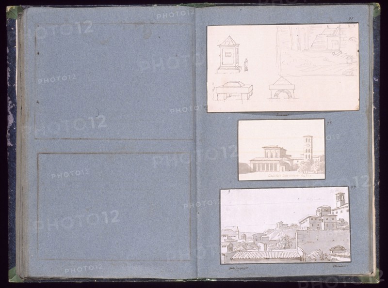 Three drawings: Á Rome, Sotriarchalio Sancti Lauranta Basilica, Porte du peuple, Villa Medici, Dessins, Castellan, A. L.
