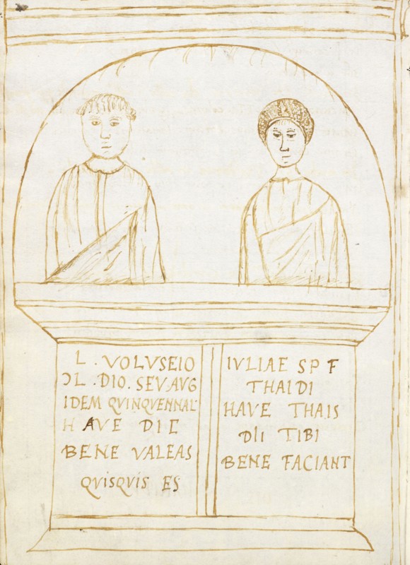 Roman funerary cippus with portrait busts of the deceased couple and an inscription in Latin, Epitaphiorum liber, Giovio