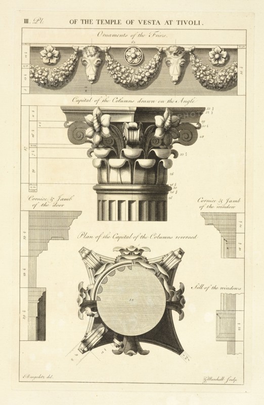 Ornaments of the frieze; Capital of the columns drawn on the angle; Plan of the capital of the columns reversed; Cornice