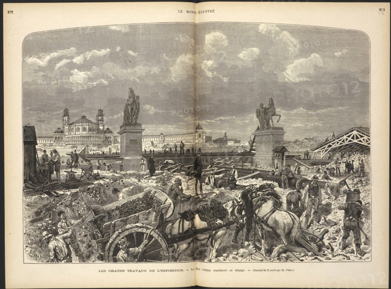 Les grands travaux de l'exposition: le pont d'Iéna surélevé et élargi, Férat, Wood engraving, 1878, Dessiné le 12 avril par M