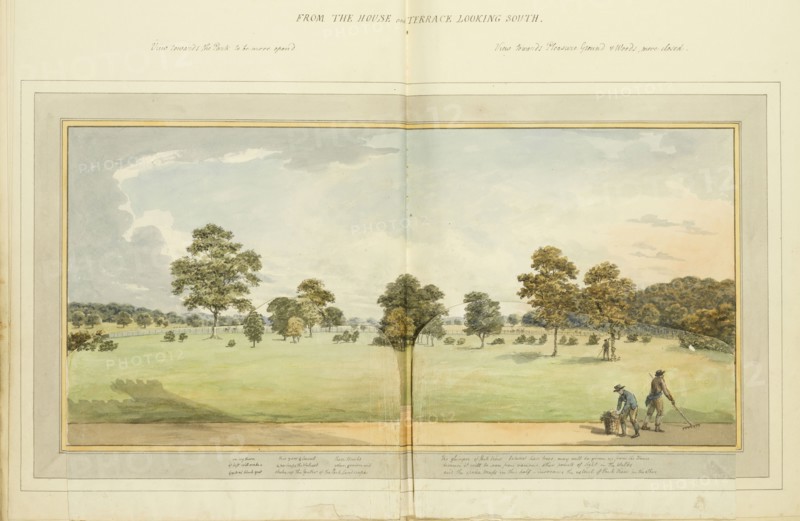 From the house and terrace looking south: overlay up, Humphry Repton architecture and landscape designs, 1807-1813, Report