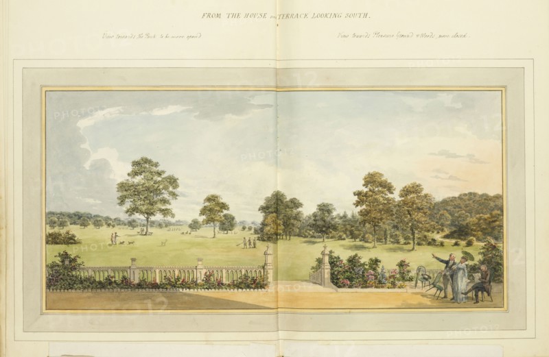 From the house and terrace looking south: overlay down, Humphry Repton architecture and landscape designs, 1807-1813, Report