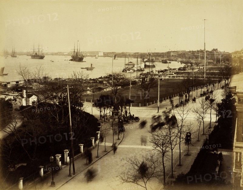 View of the Shanghai Bund and Huangpu River, Albumen, 188-?, Photographer unknown; attribution on mount to Sze-Yuen Ming