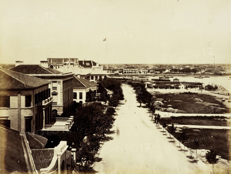 View of Bund and recreation ground, Albumen, 188-?, Title from annotation on mount. This view looking down the Shanghai Bund