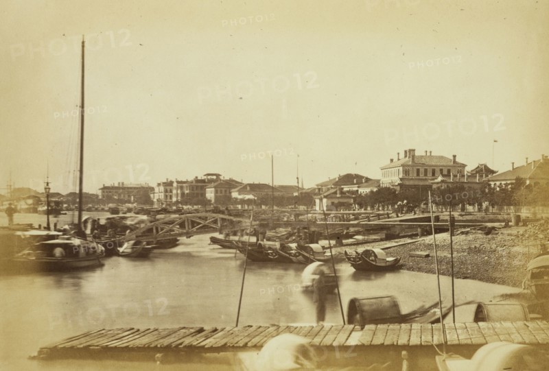 The river front, Shanghai, looking south from the P. and O. S. N. Co.'s landing stage, Albumen, 1876 August