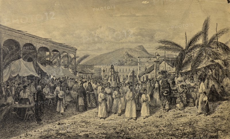 Une procession à San Luis Potosi, Mexico album, Petitjean, André-Toussaint, Cliche-verre, 1865