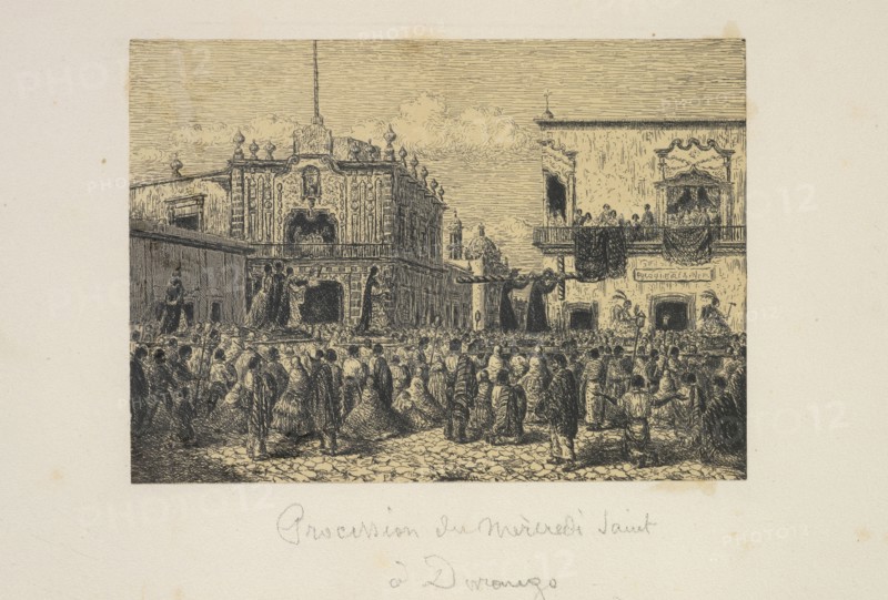 Procession du Mercredi Saint à Durango, Mexico album, Petitjean, André-Toussaint, cliche-verre, ca. 1864-1866, Procession