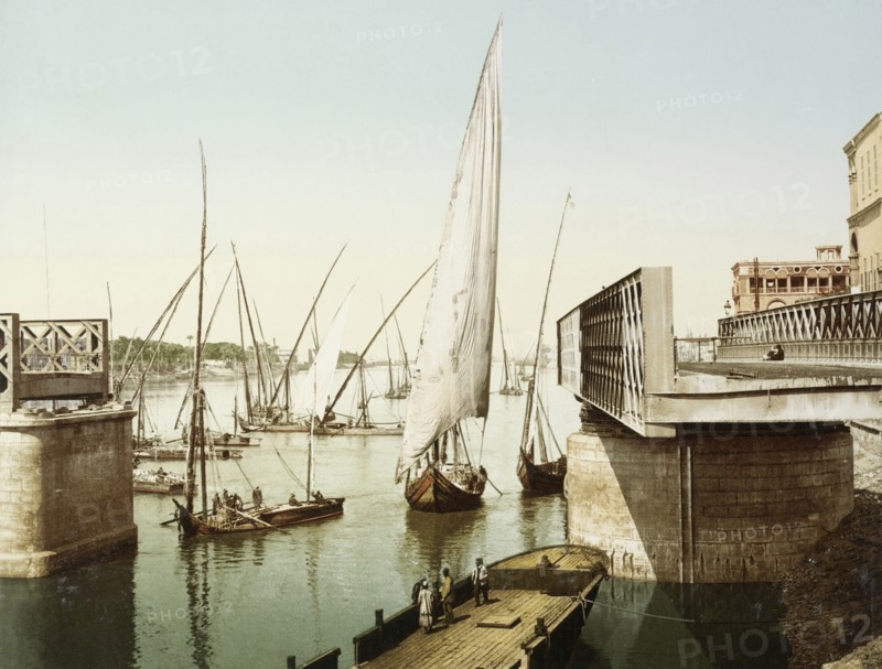 Gezira bridge, Cairo, open for sailing ships to pass through it, Egypt, 1906, Travel albums from Fleury's trips the Middle East