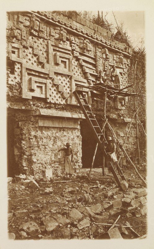Augustus Le Plongeon on scaffolding, east facade, Governor's Palace, Uxmal, Augustus and Alice Dixon Le Plongeon photographs