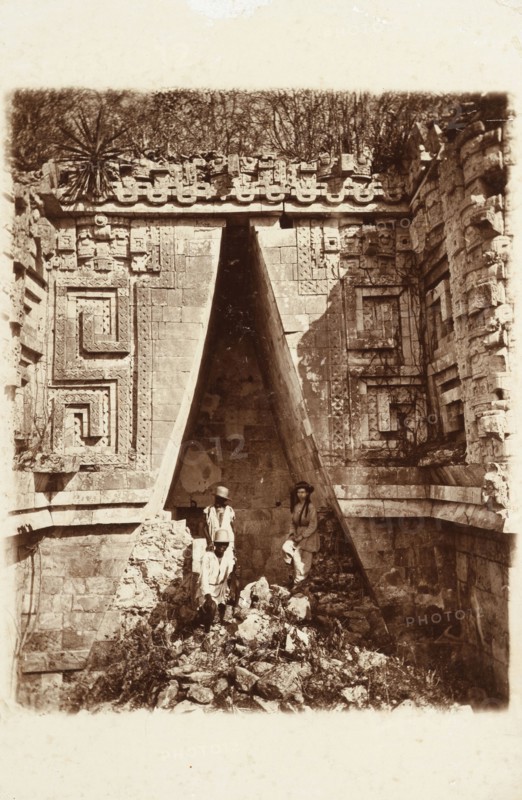 Alice Le Plongeon and workers in the south arch of the Governor's Palace, Uxmal, Views of Maya ruins in the Yucatan, Le Plongeon