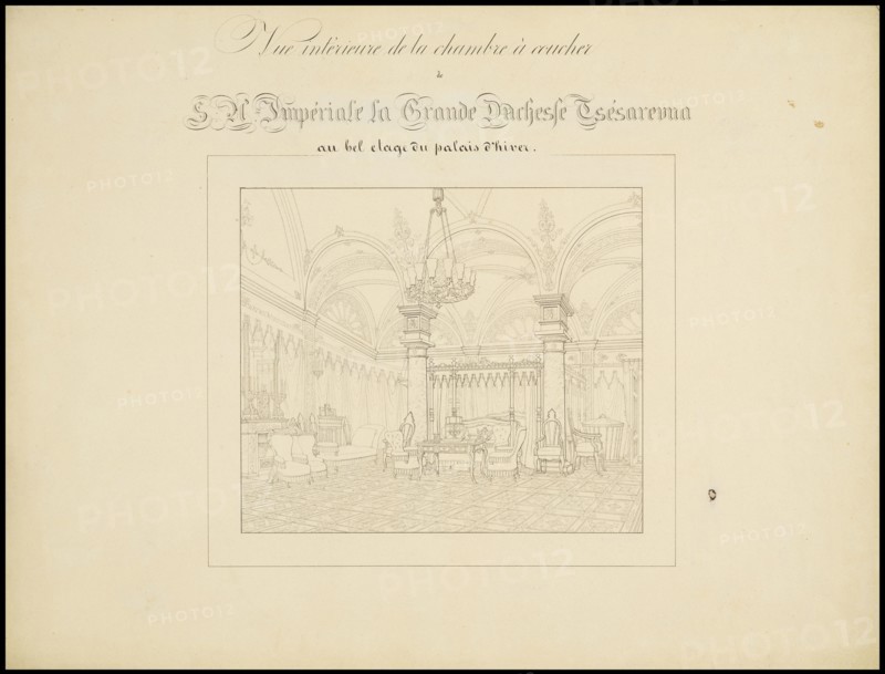 Vue intérieure de la chambre à coucher, Atlas des plans du Palais d'Hiver de sa Majesté Impériale, ca.1847-1855, Ink on paper