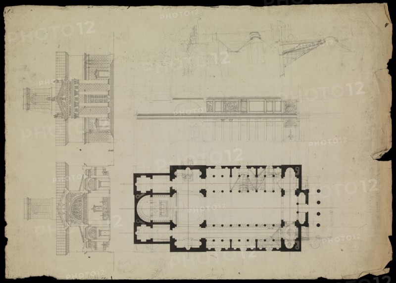 Notre Dame de Lorette Paris, France, preliminary design, Hippolyte Le Bas architectural drawings, ca. 1823-1829, Le Bas