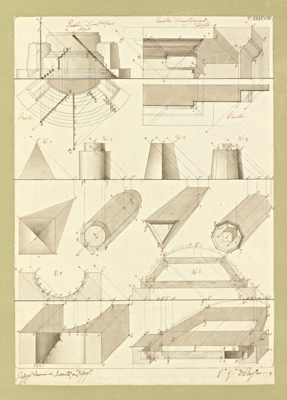 Autografi delle tavole della prima edizione dell' opera, degli Elementi della architettura civile, Vannini, Giuseppe, pen
