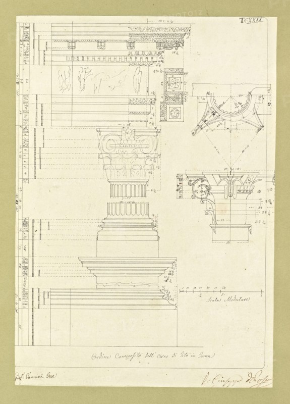 Autografi delle tavole della prima edizione dell' opera, degli Elementi della architettura civile, Vannini, Giuseppe, pen