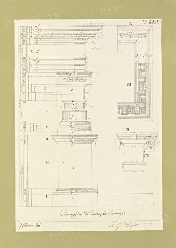 Autografi delle tavole della prima edizione dell' opera, degli Elementi della architettura civile, Vannini, Giuseppe, pen