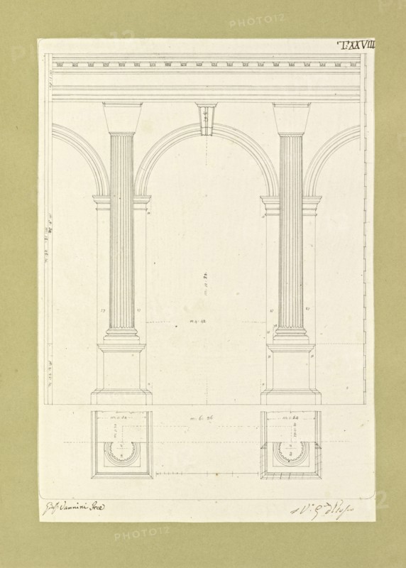 Autografi delle tavole della prima edizione dell' opera, degli Elementi della architettura civile, Vannini, Giuseppe, pen