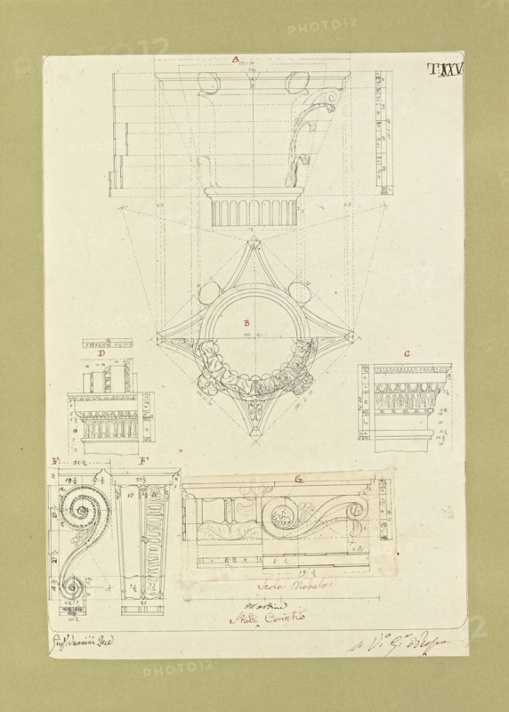 Autografi delle tavole della prima edizione dell' opera, degli Elementi della architettura civile, Vannini, Giuseppe, pen
