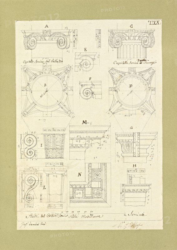 Autografi delle tavole della prima edizione dell' opera, degli Elementi della architettura civile, Vannini, Giuseppe, pen