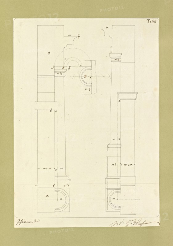 Autografi delle tavole della prima edizione dell' opera, degli Elementi della architettura civile, Vannini, Giuseppe, pen