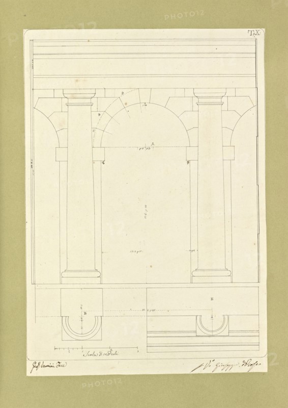 Autografi delle tavole della prima edizione dell' opera, degli Elementi della architettura civile, Vannini, Giuseppe, pen