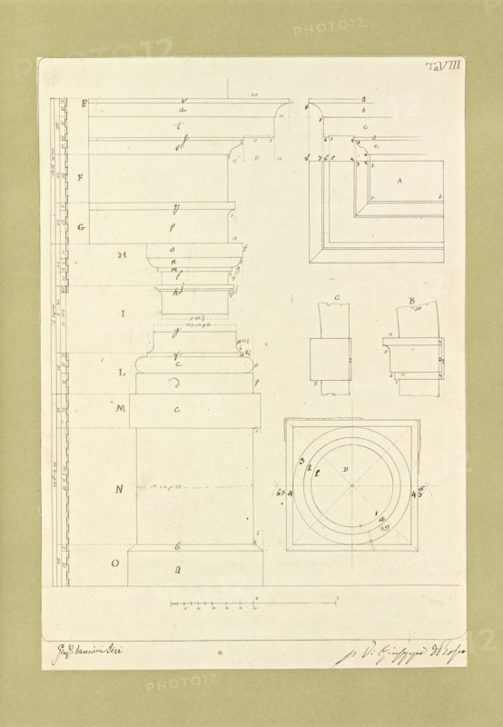 Autografi delle tavole della prima edizione dell' opera, degli Elementi della architettura civile, Vannini, Giuseppe, pen