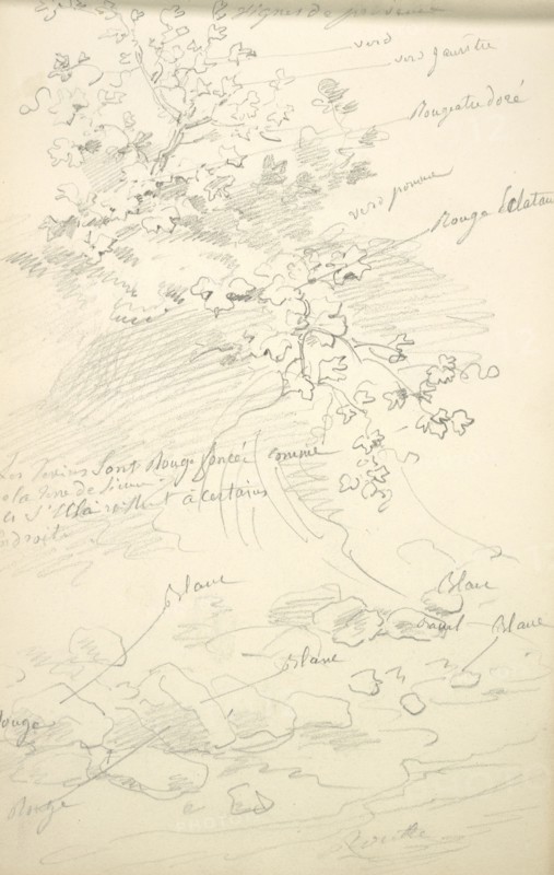 Sketchbook Carle Vernet, 1758-1836, pencil, ink, watercolor, studies of hunt scenes, horses, figures, and notes about the colors
