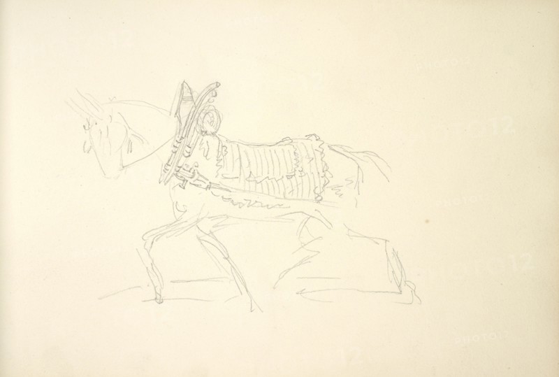 Sketchbook Carle Vernet, 1758-1836, pencil, ink, watercolor, studies of hunt scenes, horses, figures, and notes about the colors
