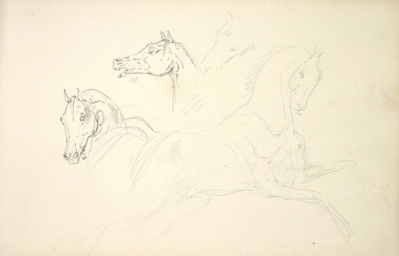 Sketchbook Carle Vernet, 1758-1836, pencil, ink, watercolor, studies of hunt scenes, horses, figures, and notes about the colors