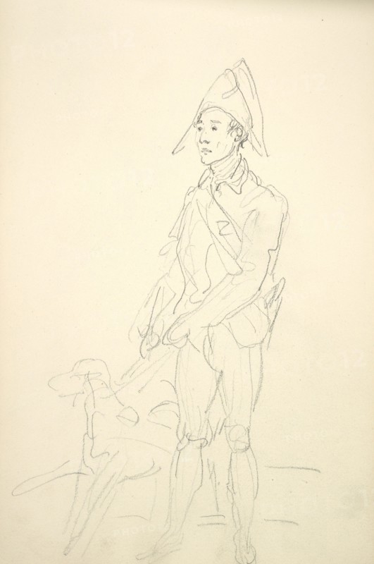 Sketchbook Carle Vernet, 1758-1836, pencil, ink, watercolor, studies of hunt scenes, horses, figures, and notes about the colors