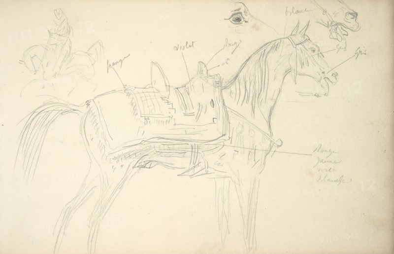 Sketchbook Carle Vernet, 1758-1836, pencil, ink, watercolor, studies of hunt scenes, horses, figures, and notes about the colors