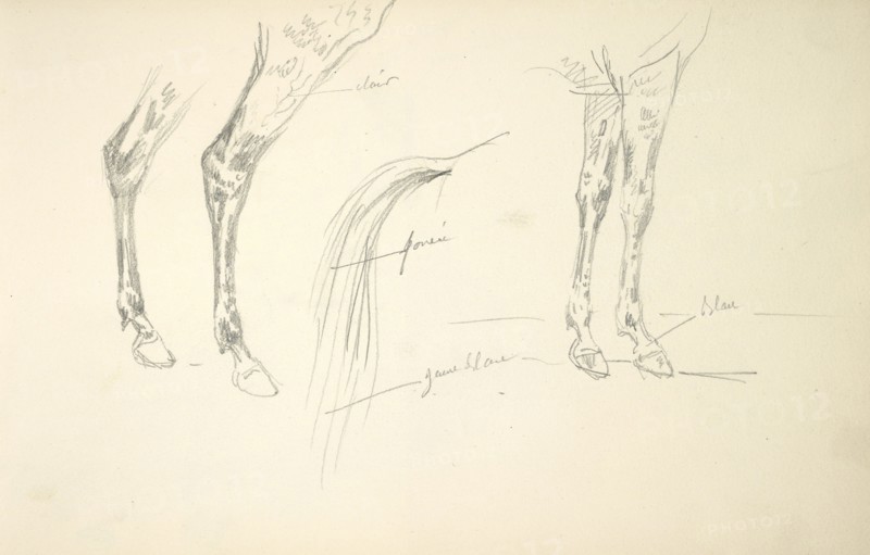 Sketchbook Carle Vernet, 1758-1836, pencil, ink, watercolor, studies of hunt scenes, horses, figures, and notes about the colors