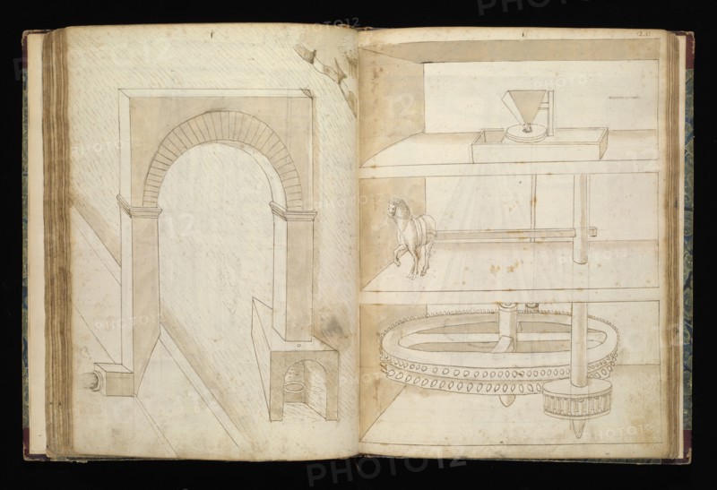 Edificij et machine, Martini, Francesco di Giorgio, 1439-1501, brown ink and wash, ca. 1475-ca. 1480