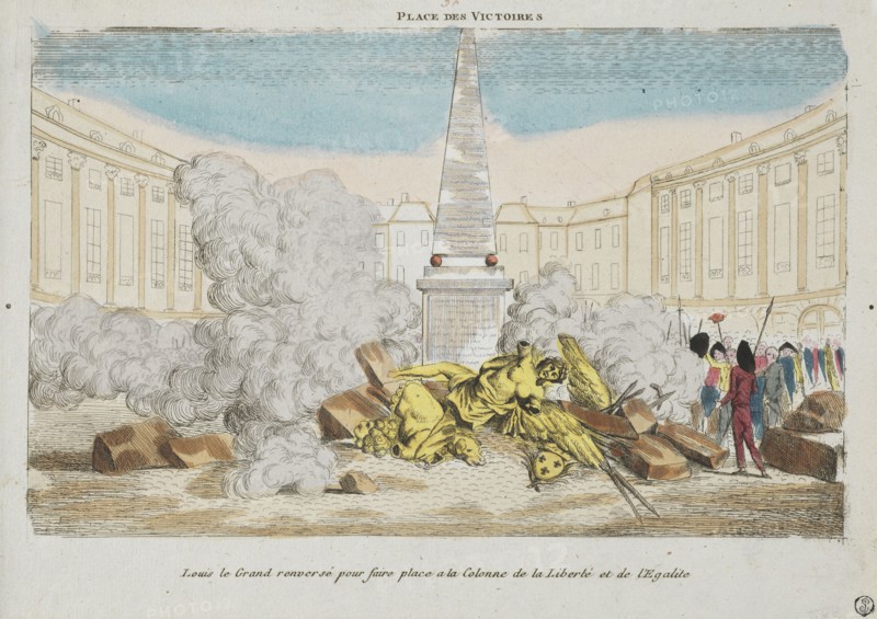 Place des Victoires: Louis le Grand renversé pour faire place a la Colonne de la Liberté et de l'Egalité, Engraving, 1792
