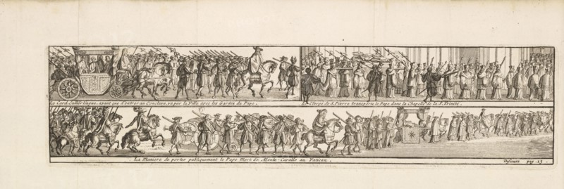 Views of three papal processions, Histoire des conclaves depuis Clement V. jusqu'à présent: enrichie de plusieurs memoires