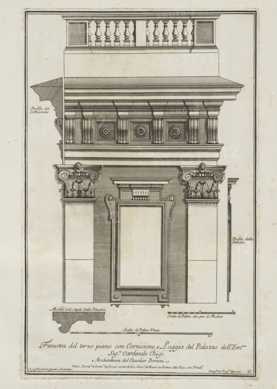 Finestra del terzo piano con cornicione e loggia del palazzo dell'Emmo. Sigre. Cardinale Chigi, Stvdio d'architettvra civile
