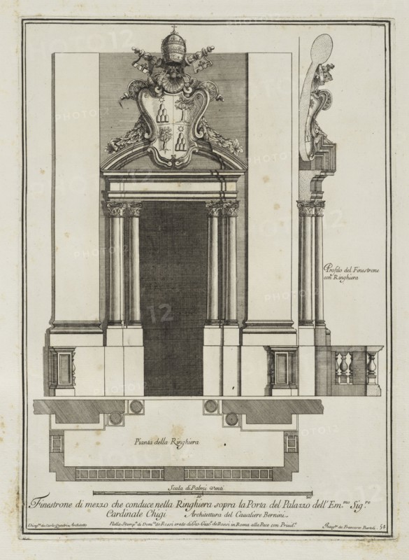 Finestrone di mezzo che conduce nella ringhiera sopra la porta del palazzo dell' Emmo. Sigre. Cardinale Chigi