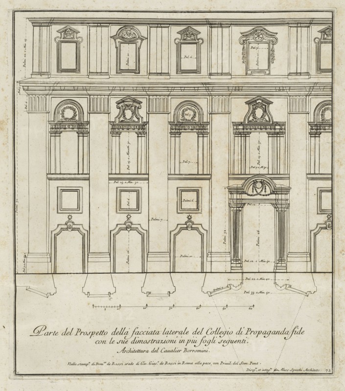 Parte del prospetto della facciata laterale del Collegio di Propaganda fide, Stvdio d'architettvra civile sopra gli ornamenti