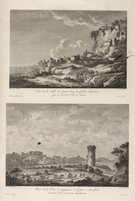 Vuë de la Ville de Gerace, près de l'ancienne Ville de Locres, Vuë de la Tour de Pagliapoli, et des Ruines de Locres, Voyage