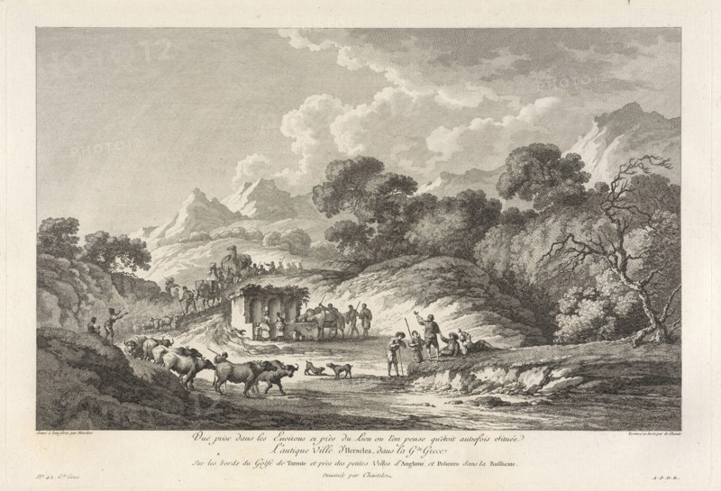 Vuës prise dans les Environs et près du Lieu ou l'on pense qu'etoit autrefois située L'antique Ville d'Heraclea dans le Grandes