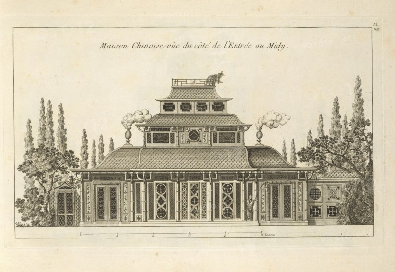 Maison Chinoise vûe du côté de l'Entrée au Midy, Detail des nouveaux jardins à la mode, Le Rouge, Georges-Louis, Engraving, 1776