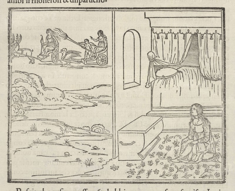 Interior View of Seated Woman, Exterior View of Women Travelling by Carts, La Hypnerotomachia di Poliphilo: cioè pvgna d'amore