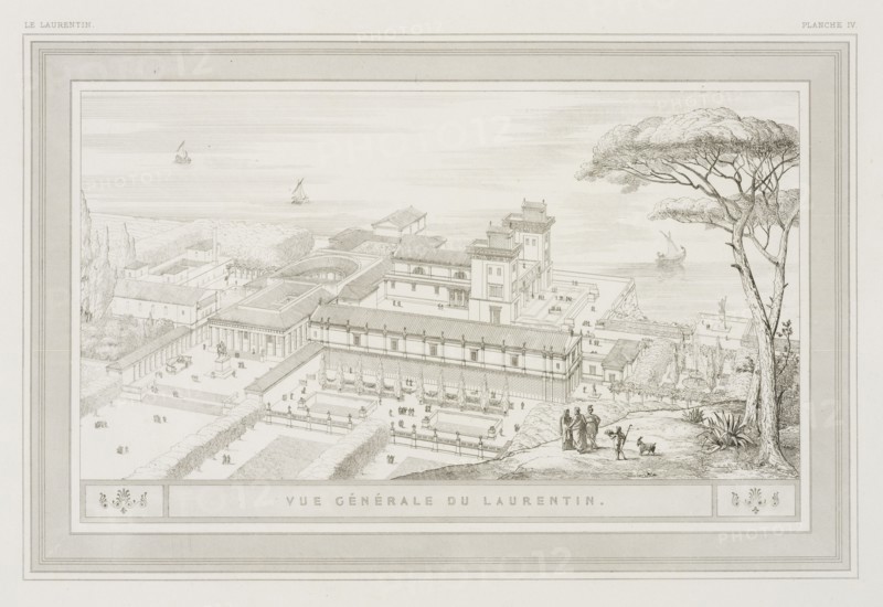 Planche IV: Vue Generale du Laurentin. Le Laurentin: maison de campagne de Pline-le-consul: restitué d'après sa lettre à Gallus