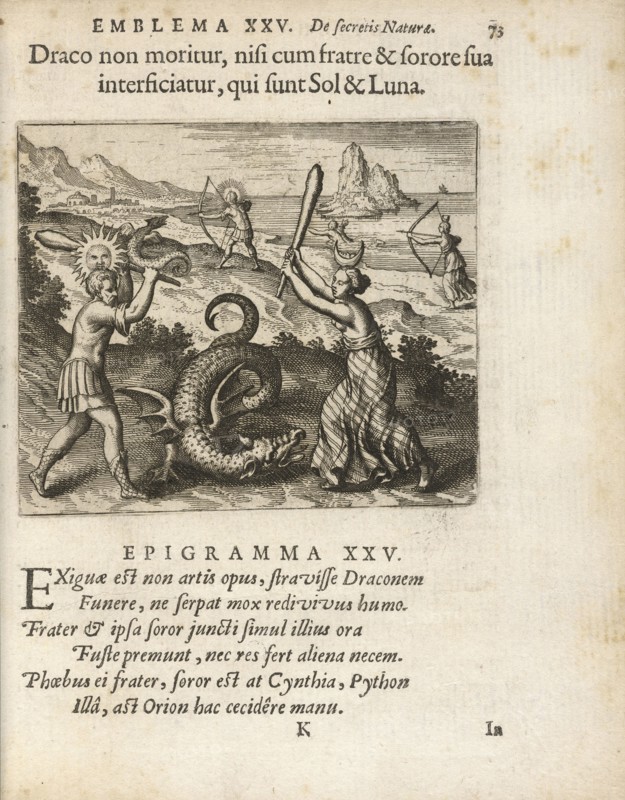 Emblema XXV: Draco non moritur, nisi cum fratre and sorore sua interficiatur, qui sunt Sol and Luna. Michaelis Majeri